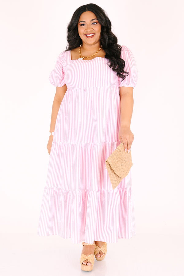 Chic Soul plus size clothing, light pink striped tiered maxi dress with bubble sleeves and a square neckline 
