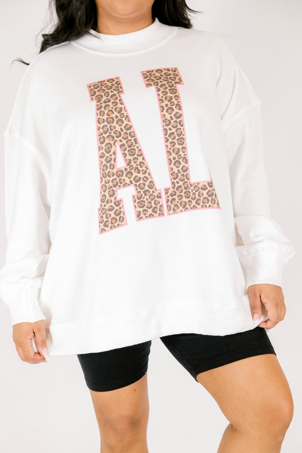 Chic Soul plus size clothing, off white long sleeve mockneck with AL block leopard print letters
