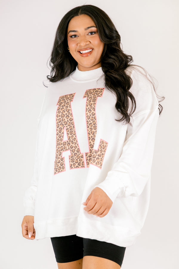 Chic Soul plus size clothing, off white long sleeve mockneck with AL block leopard print letters