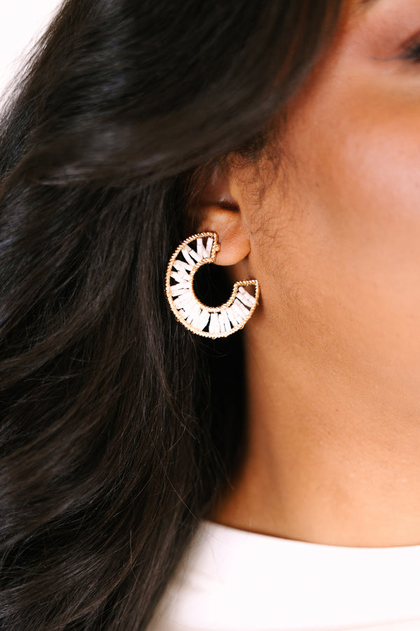 Chic Soul plus size clothing, white hoop with a woven look and gold beads outlining the the inside and outside of the hoop 
