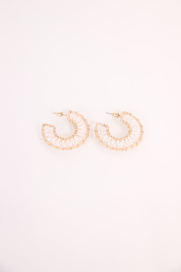 Chic Soul plus size clothing, white hoop with a woven look and gold beads outlining the the inside and outside of the hoop 
