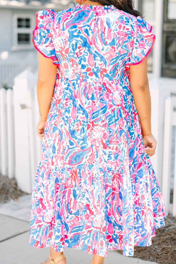 Chic Soul plus size clothing, short sleeve pink flowy ruffled maxi dress with v-neckline and tassels with blue and white pattern
