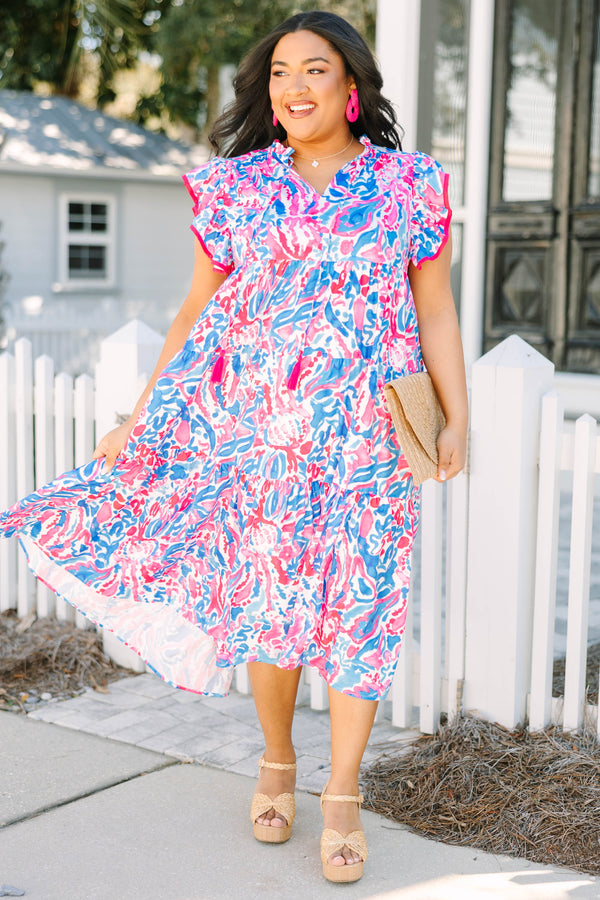 Chic Soul plus size clothing, short sleeve pink flowy ruffled maxi dress with v-neckline and tassels with blue and white pattern