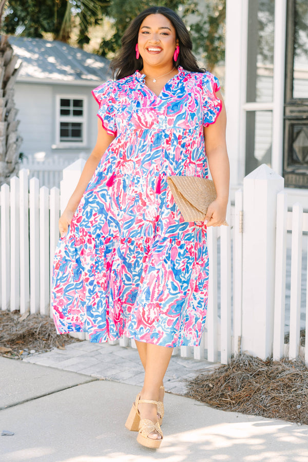 Chic Soul plus size clothing, short sleeve pink flowy ruffled maxi dress with v-neckline and tassels with blue and white pattern