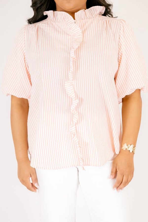 Chic Soul plus size clothing, peach top with a white striped pattern bubble sleeves and a ruffle going around the neckline and going down the center of the top 
