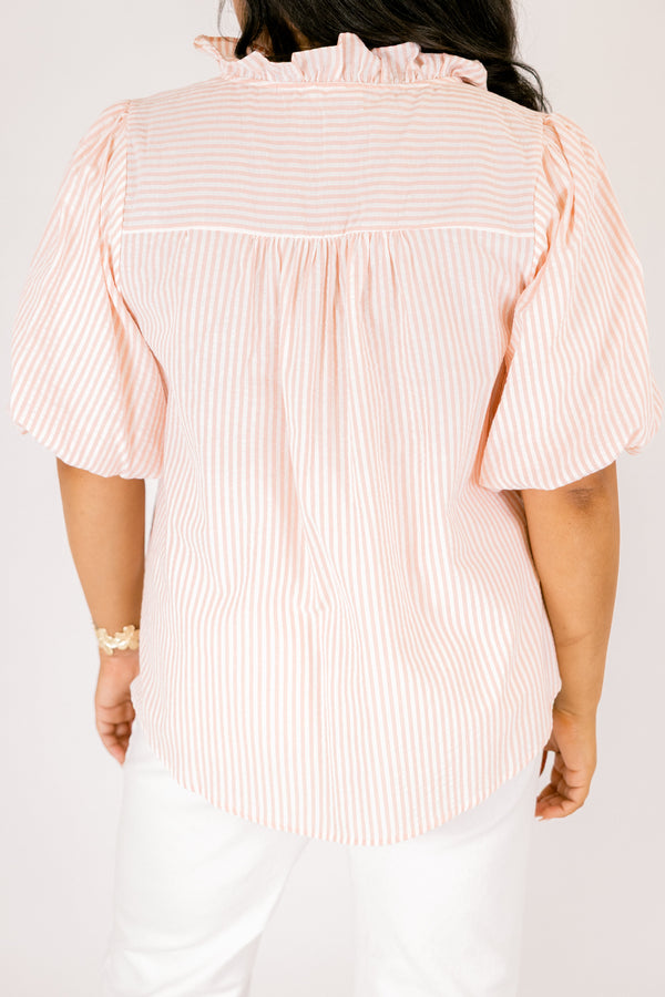 Chic Soul plus size clothing, peach top with a white striped pattern bubble sleeves and a ruffle going around the neckline and going down the center of the top 