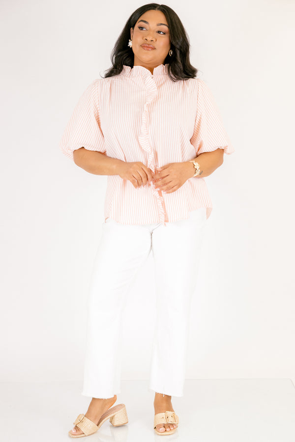 Chic Soul plus size clothing, peach top with a white striped pattern bubble sleeves and a ruffle going around the neckline and going down the center of the top 