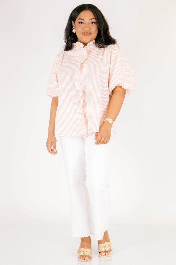Chic Soul plus size clothing, peach top with a white striped pattern bubble sleeves and a ruffle going around the neckline and going down the center of the top 