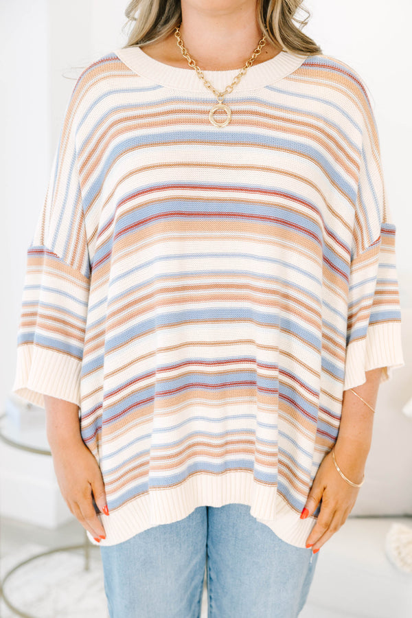 Plus Size oversized striped sweater in brown multi with drop shoulders and short sleeves.
