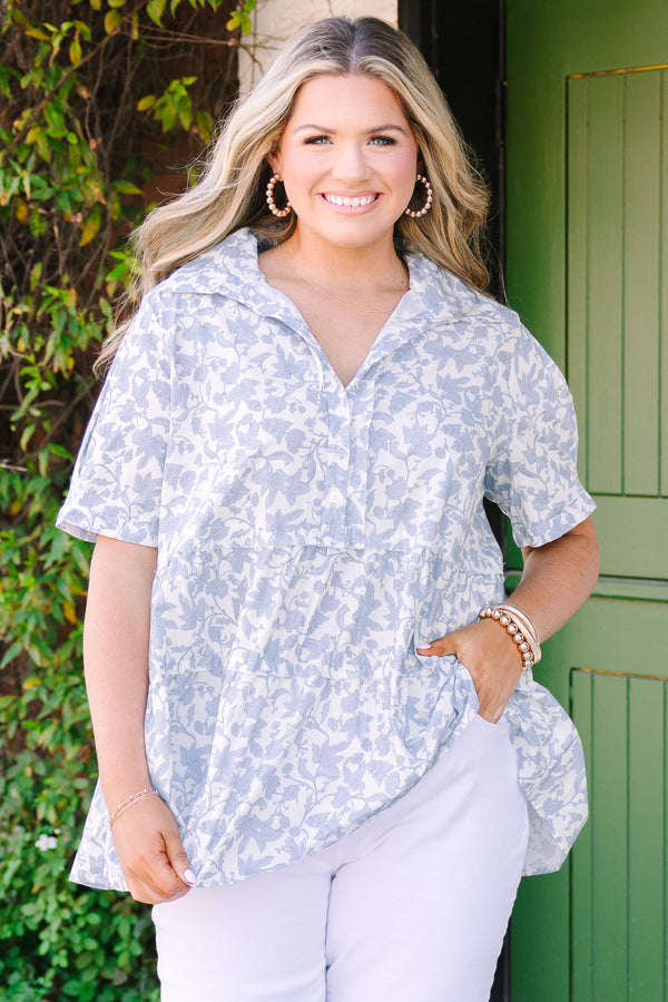 Chic Soul plus size clothing, light blue toile floral print short sleeve tiered baby doll top with v neckline