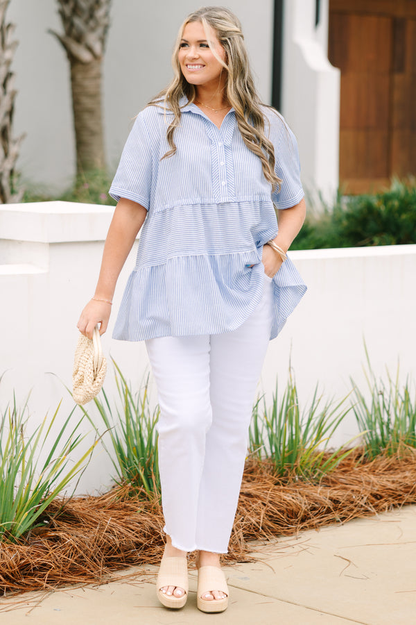 Chic Soul plus size clothing, blue short sleeve tiered top with buttons down to the chest area a collar and an all-over striped pattern. 