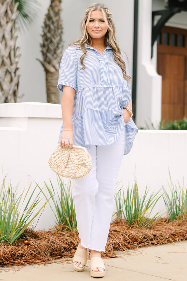 Chic Soul plus size clothing, blue short sleeve tiered top with buttons down to the chest area a collar and an all-over striped pattern. 
