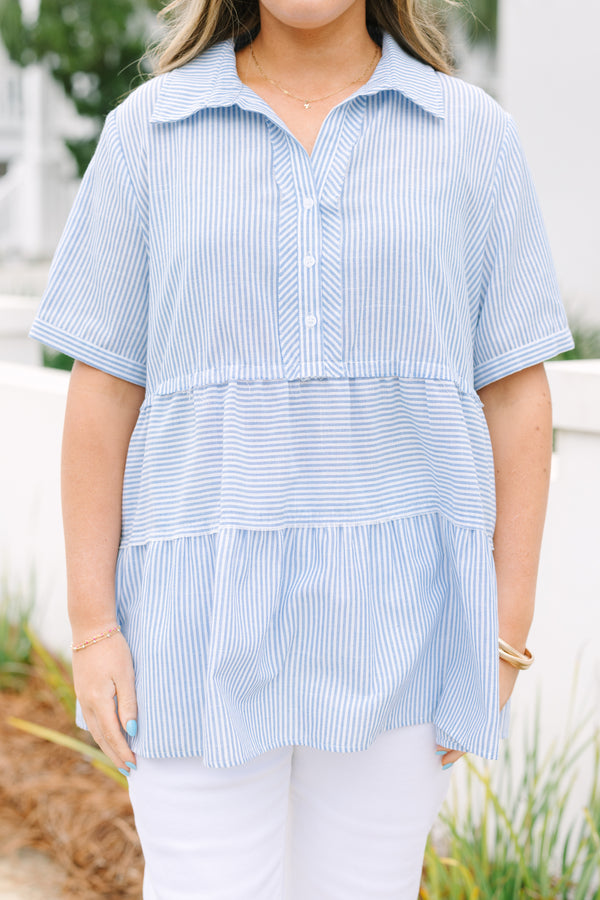 Chic Soul plus size clothing, blue short sleeve tiered top with buttons down to the chest area a collar and an all-over striped pattern. 