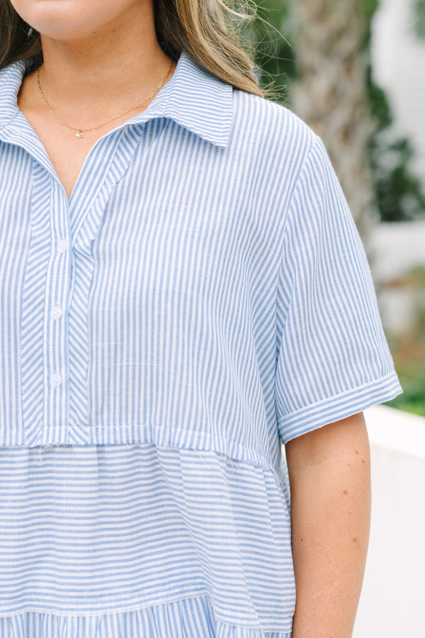 Chic Soul plus size clothing, blue short sleeve tiered top with buttons down to the chest area a collar and an all-over striped pattern. 