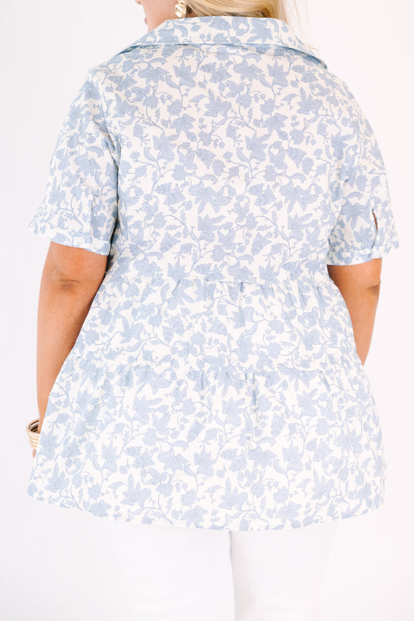 Chic Soul plus size clothing, light blue toile floral print short sleeve tiered baby doll top with v neckline