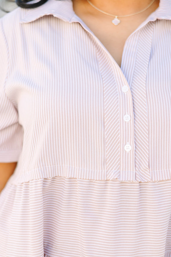 Chic Soul plus size clothing, brown tiered baby doll top with short sleeves that have a cuff at the end of the sleeve as well as buttons going down to the bottom of chest and a micro striped pattern throughout 