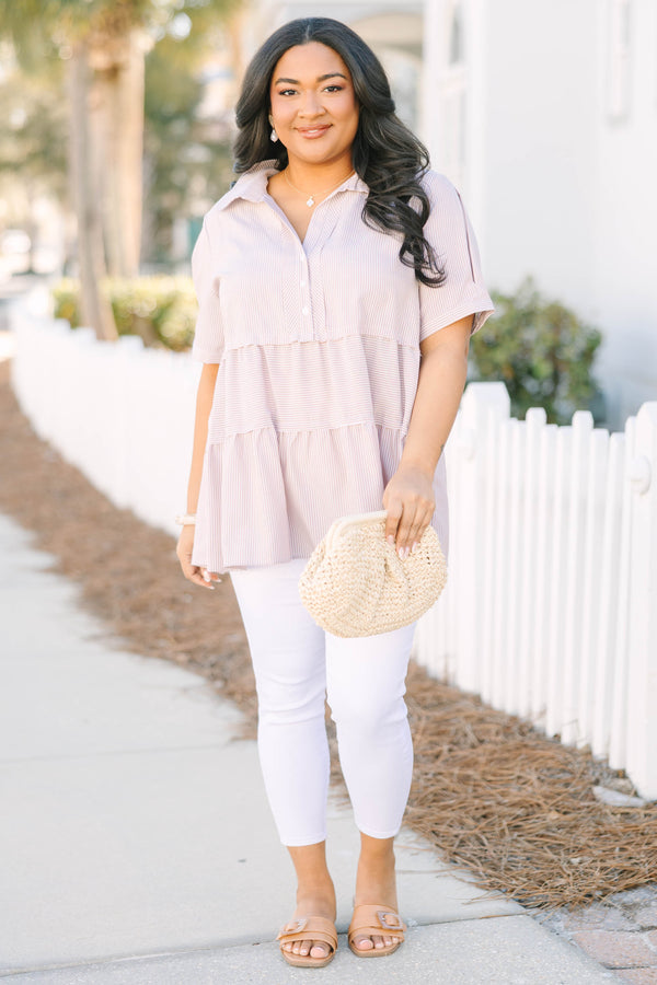 Chic Soul plus size clothing, brown tiered baby doll top with short sleeves that have a cuff at the end of the sleeve as well as buttons going down to the bottom of chest and a micro striped pattern throughout 