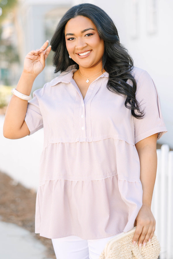 Chic Soul plus size clothing, brown tiered baby doll top with short sleeves that have a cuff at the end of the sleeve as well as buttons going down to the bottom of chest and a micro striped pattern throughout 