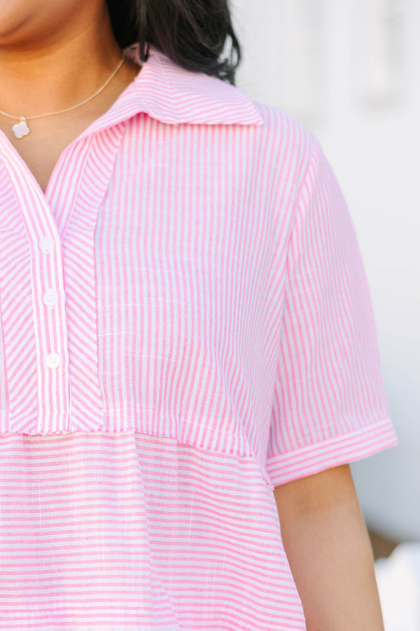 Chic Soul plus size clothing, pink short sleeve tiered baby doll top with buttons going down to the chest area as well as a collar and a striped pattern throughout