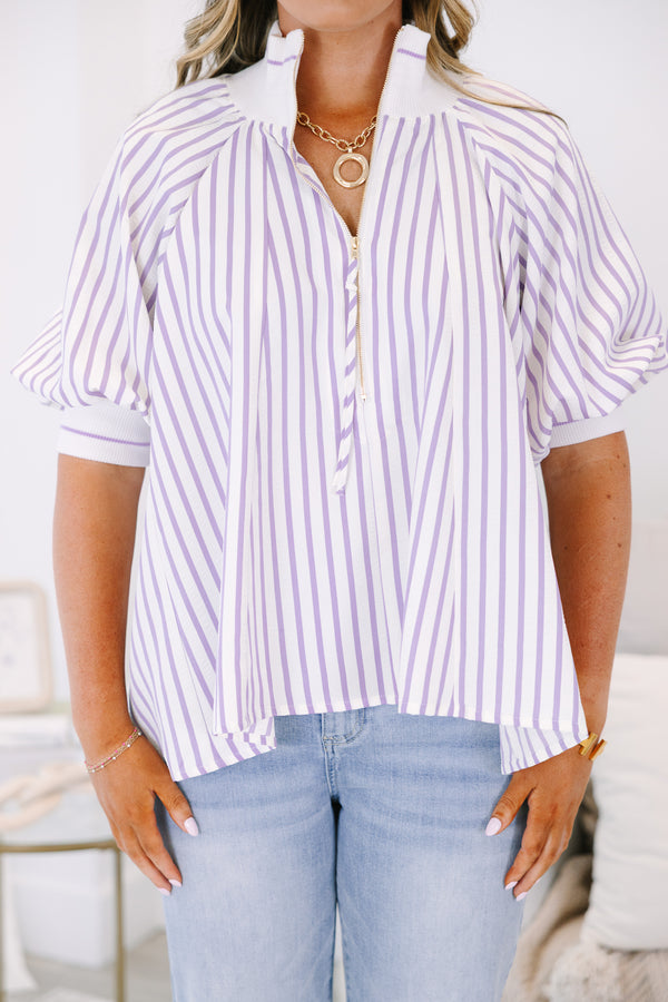 Plus Size lavender and white vertical striped quarter-zip top with short puff sleeves.
