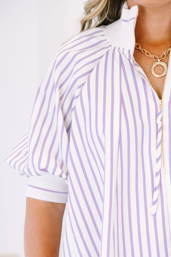 Plus Size lavender and white vertical striped quarter-zip top with short puff sleeves.