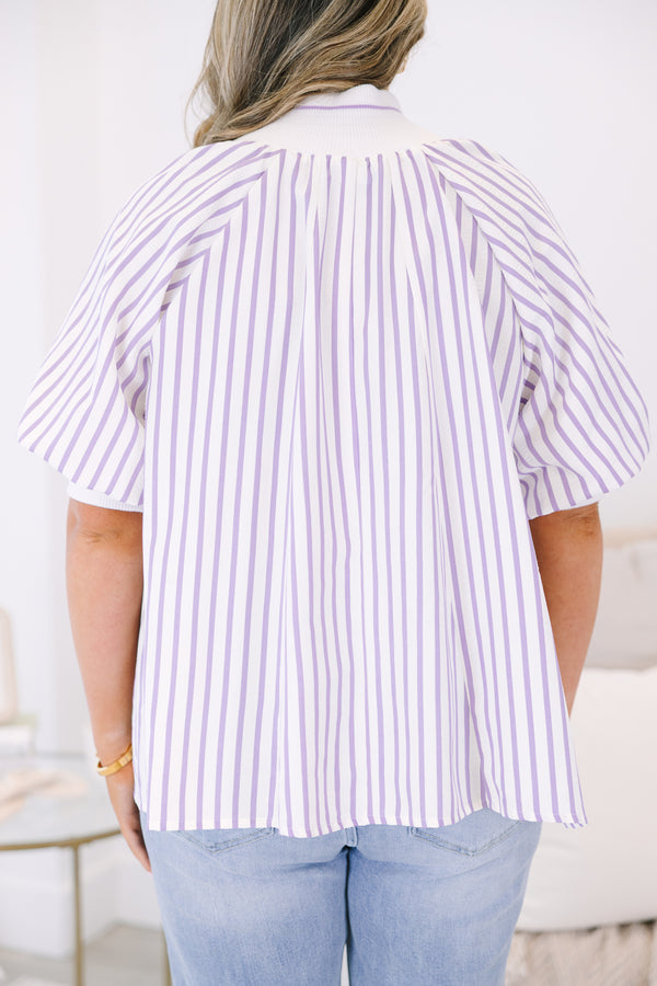 Plus Size lavender and white vertical striped quarter-zip top with short puff sleeves.