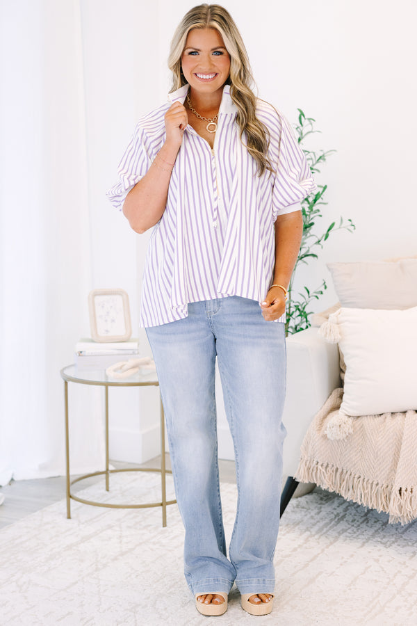 Plus Size lavender and white vertical striped quarter-zip top with short puff sleeves.
