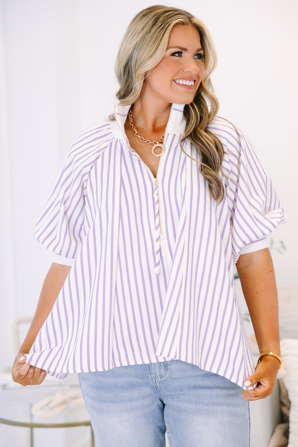 Plus Size lavender and white vertical striped quarter-zip top with short puff sleeves.