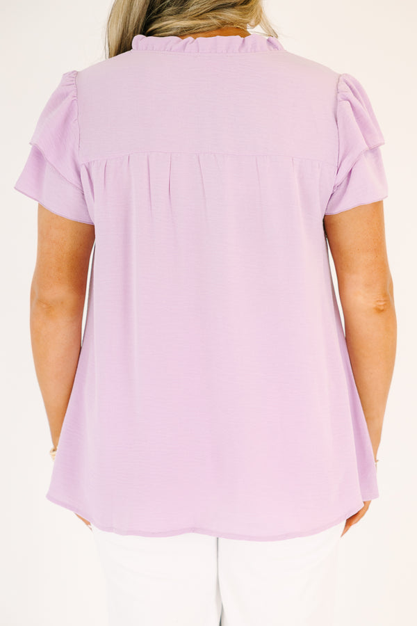 Plus Size purple short-sleeve top with a ruffled V-neckline and tiered flutter sleeves.
