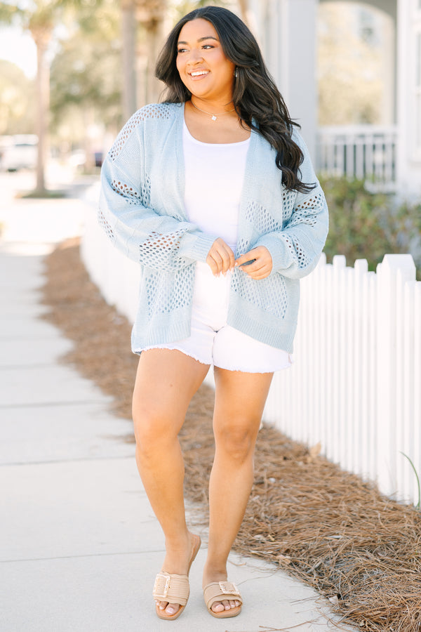 Chic Soul plus size clothing, light blue long sleeve open front knit cardigan
