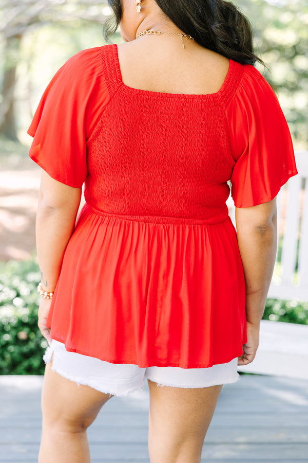 Chic Soul plus size clothing, red short flutter sleeve baby doll top with rouching on the chest and slight v neckline