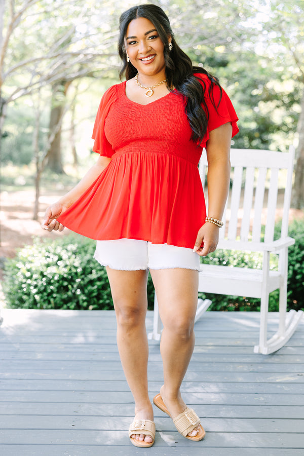 Chic Soul plus size clothing, red short flutter sleeve baby doll top with rouching on the chest and slight v neckline