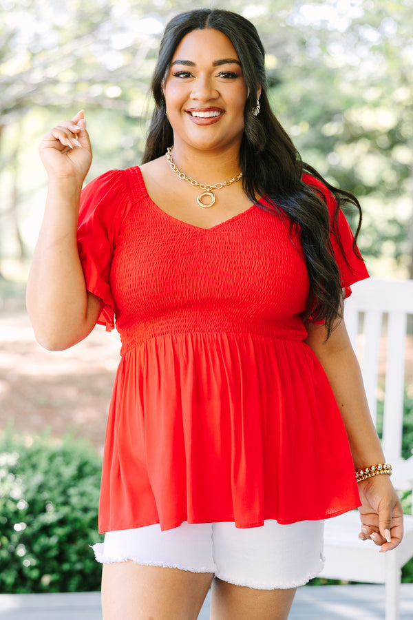 Chic Soul plus size clothing, red short flutter sleeve baby doll top with rouching on the chest and slight v neckline