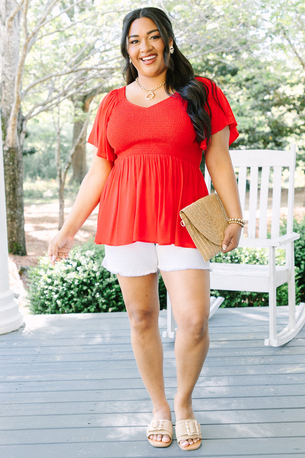 Chic Soul plus size clothing, red short flutter sleeve baby doll top with rouching on the chest and slight v neckline