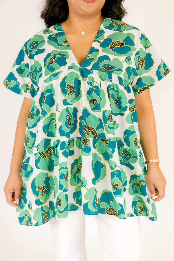 Chic Soul plus size clothing, dark teal and green floral print v neck short sleeve baby doll top