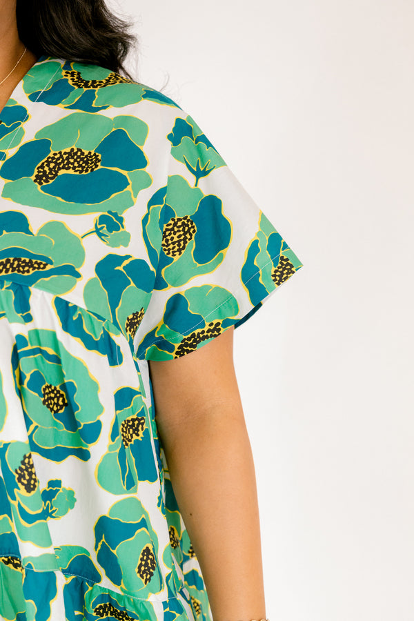 Chic Soul plus size clothing, dark teal and green floral print v neck short sleeve baby doll top