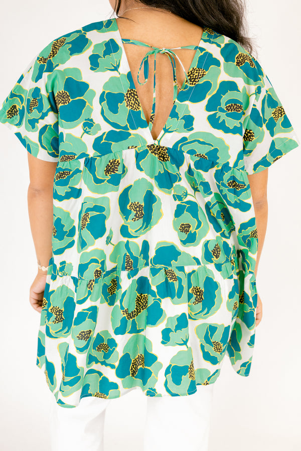Chic Soul plus size clothing, dark teal and green floral print v neck short sleeve baby doll top