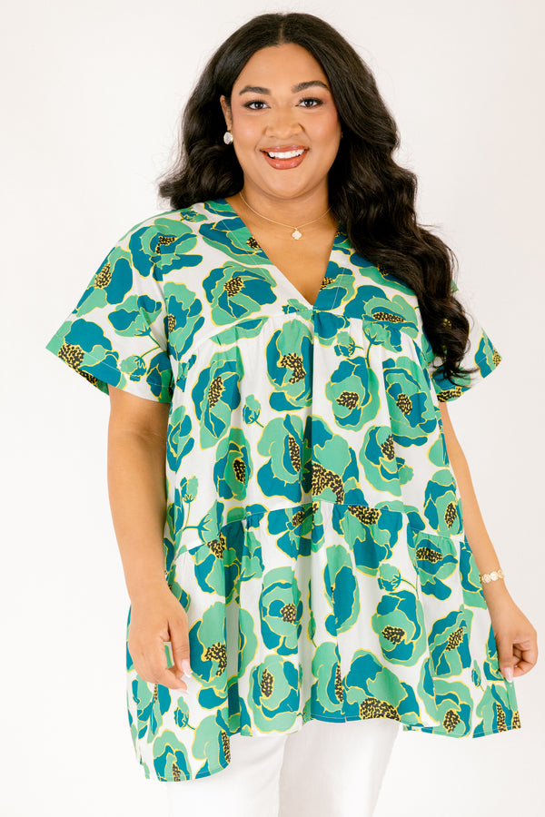 Chic Soul plus size clothing, dark teal and green floral print v neck short sleeve baby doll top