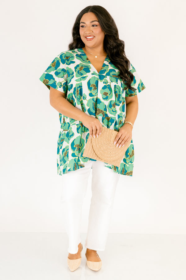 Chic Soul plus size clothing, dark teal and green floral print v neck short sleeve baby doll top