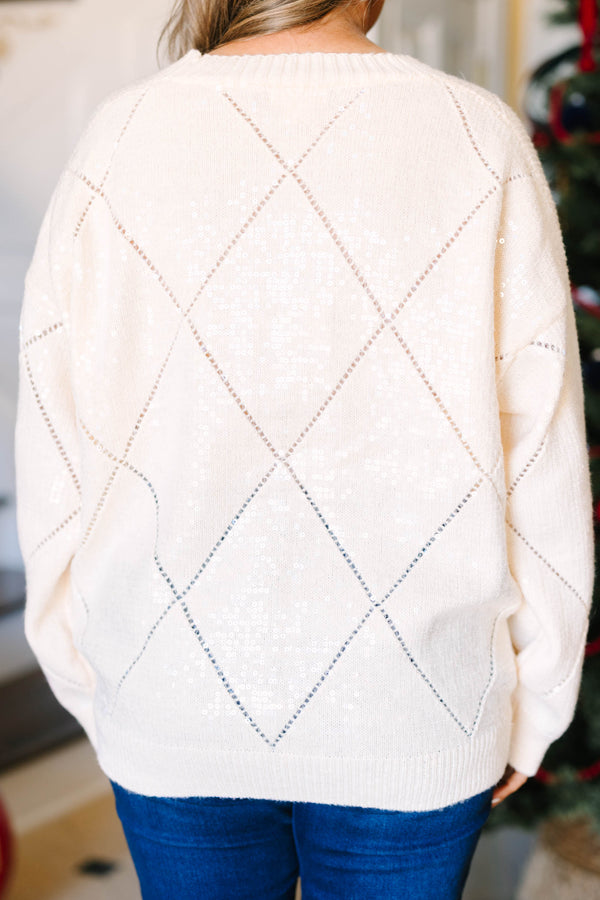 Plus Size cream sequin cardigan with a V-neck, button-front, and diamond pattern knit.