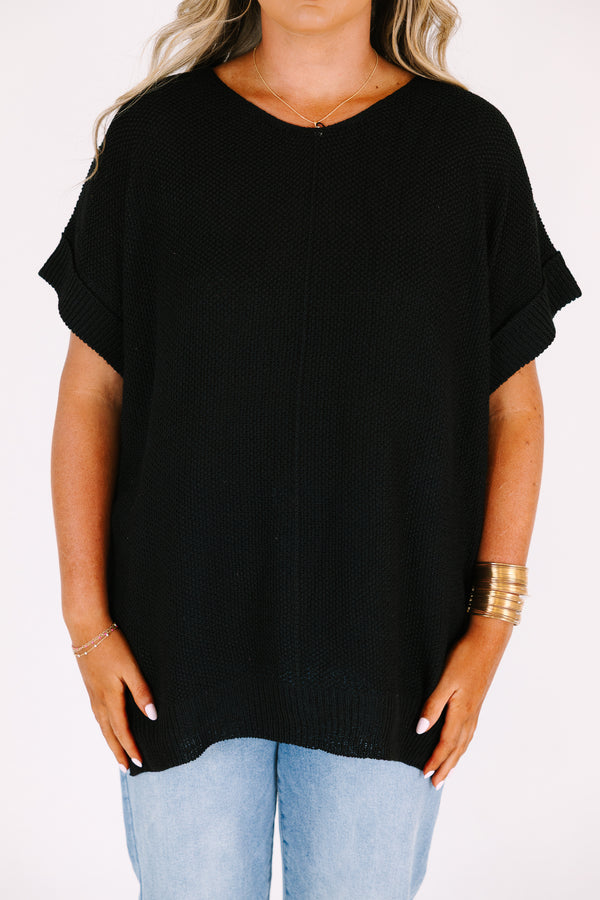 Chic Soul plus size clothing, black short sleeve open knit sweater with cuff sleeves