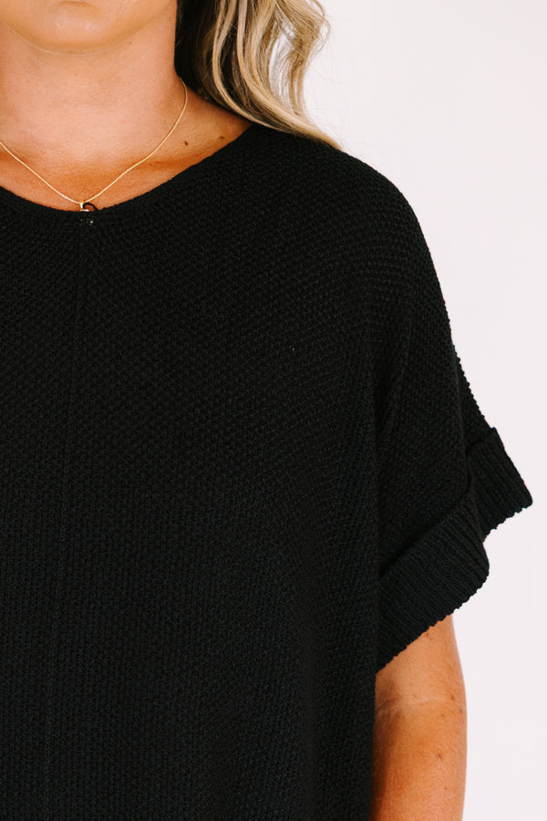 Chic Soul plus size clothing, black short sleeve open knit sweater with cuff sleeves