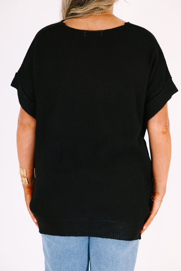 Chic Soul plus size clothing, black short sleeve open knit sweater with cuff sleeves
