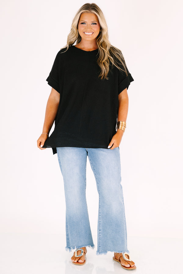 Chic Soul plus size clothing, black short sleeve open knit sweater with cuff sleeves