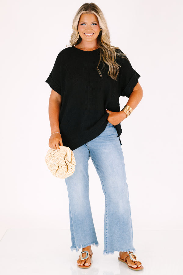 Chic Soul plus size clothing, black short sleeve open knit sweater with cuff sleeves