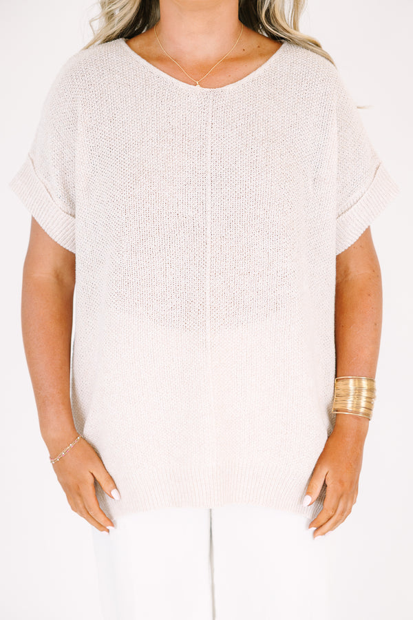 Plus Size heather mocha short sleeve knit sweater with a center seam and relaxed fit.