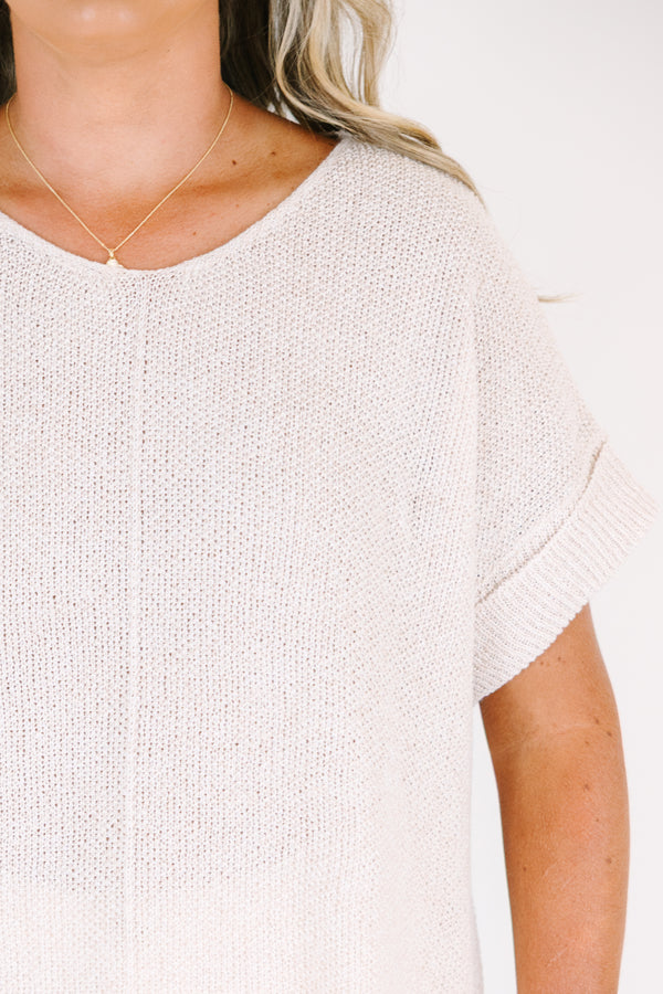 Plus Size heather mocha short sleeve knit sweater with a center seam and relaxed fit.