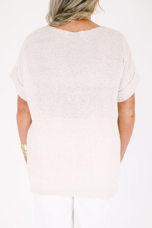 Plus Size heather mocha short sleeve knit sweater with a center seam and relaxed fit.