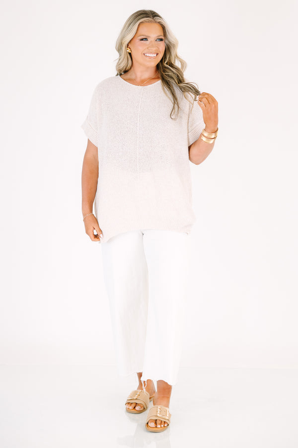 Plus Size heather mocha short sleeve knit sweater with a center seam and relaxed fit.