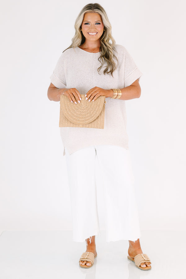 Plus Size heather mocha short sleeve knit sweater with a center seam and relaxed fit.